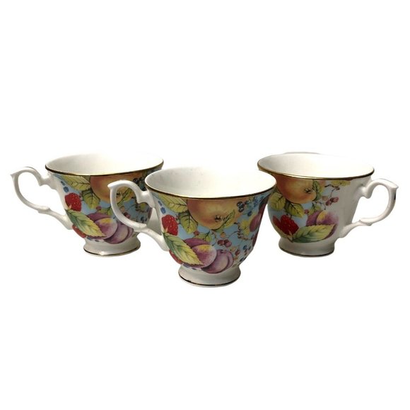 Duchess Fine English Bone China Fruit Pattern Gold Trim Tea Cups 3 Piece Art - Picture 1 of 9